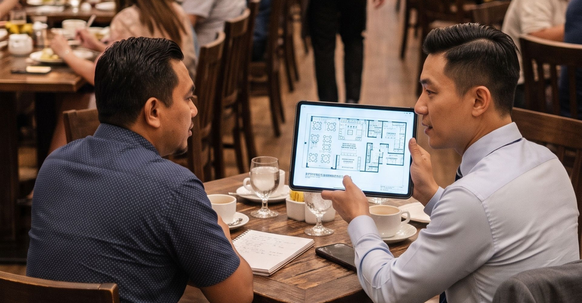 Endura consultant reviewing a kitchen floor plan with a client